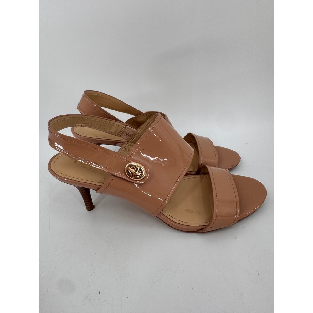 Coach Slingback Sandals Women 10B Tan Patent Leather Turnlock Kitten Heels Read